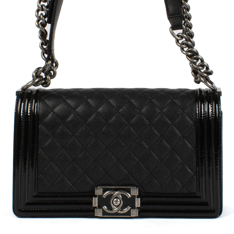Chanel Black Calfskin and Patent Leather Medium Boy Bag
