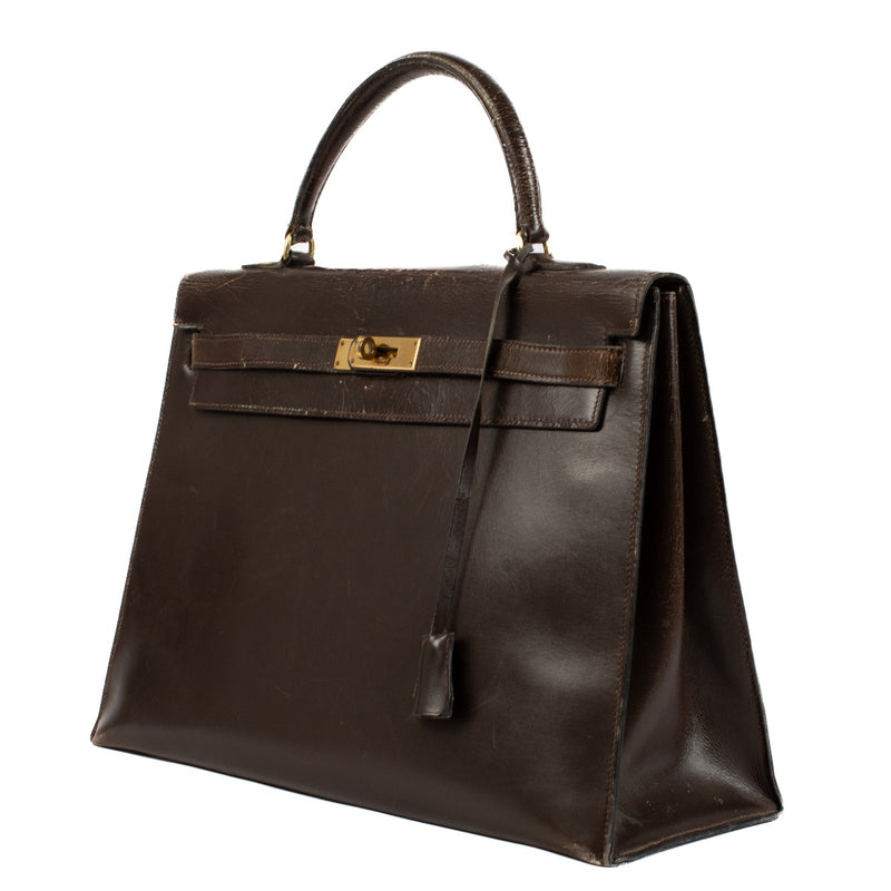 Hermès 1966 Vintage Kelly 35 Dark Brown Box Calf GHW