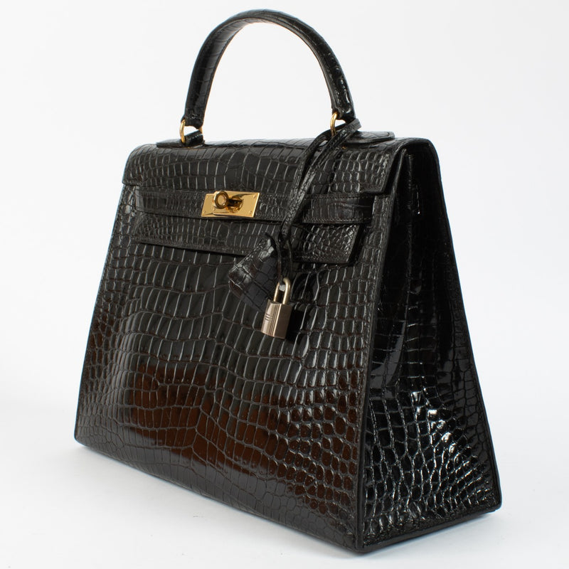 Hermès Vintage Kelly 32 Black Shiny Porosus Crocodile GHW