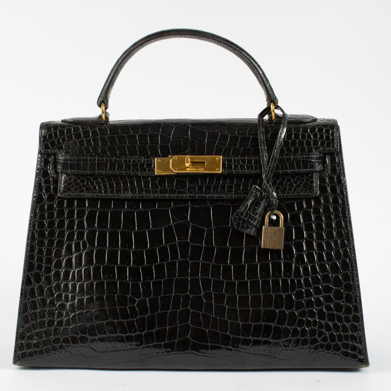 Hermès Vintage Kelly 32 Black Shiny Porosus Crocodile GHW