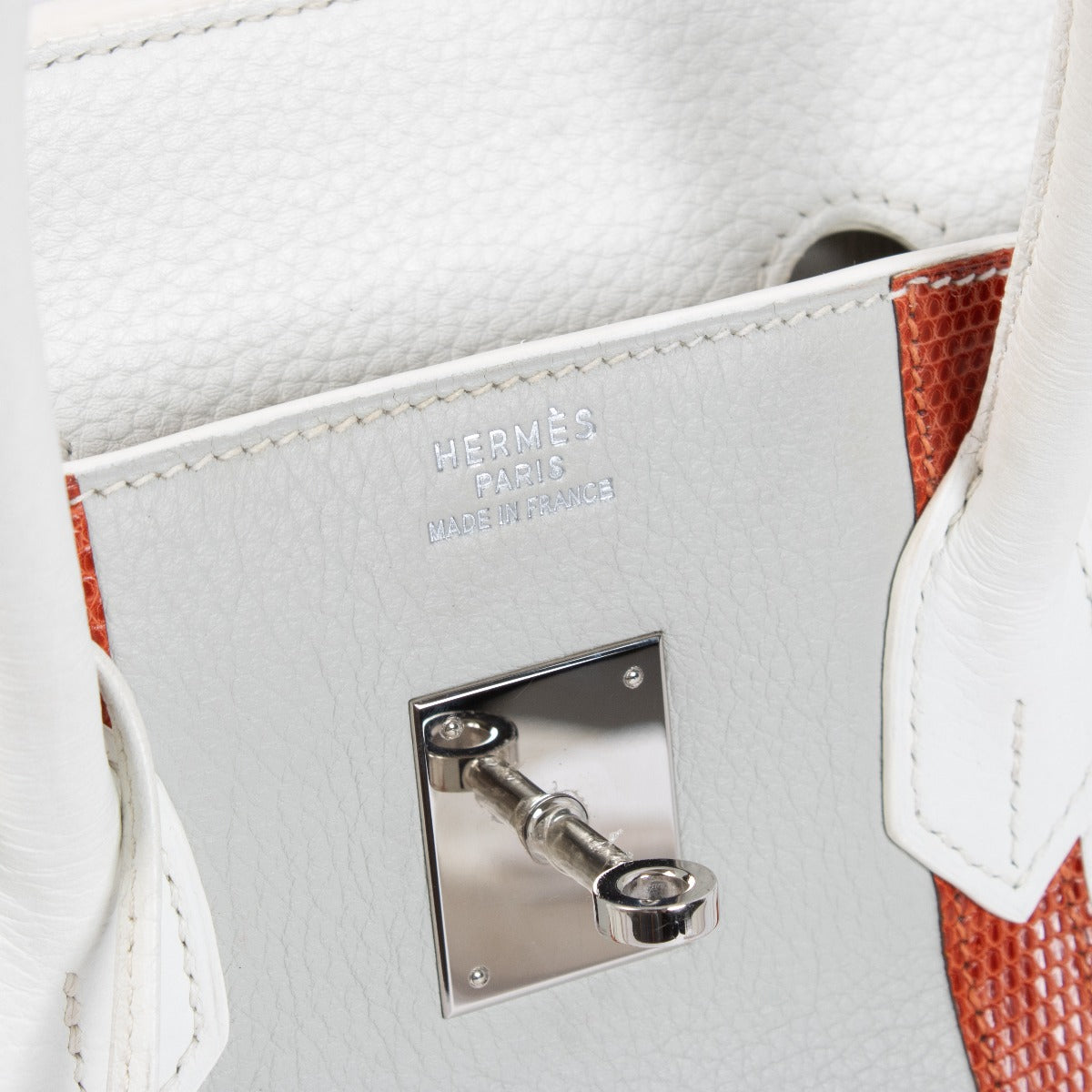 Hermès Birkin Club 35 White/Gris Perle/Sanguine Clemence/Lizard PHW