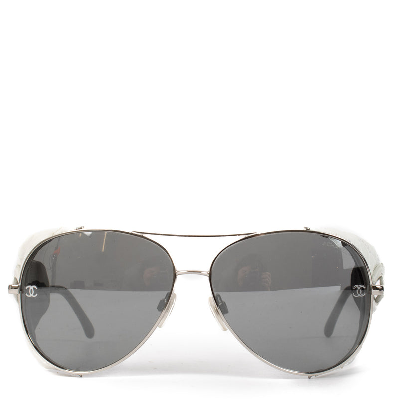 Chanel White Lambskin Titanium CC Pilot Aviator Sunglasses