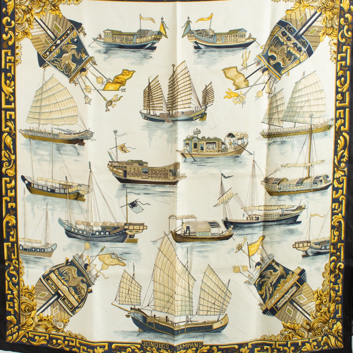 Hermès Black Jonques et Sampans 90 Scarf