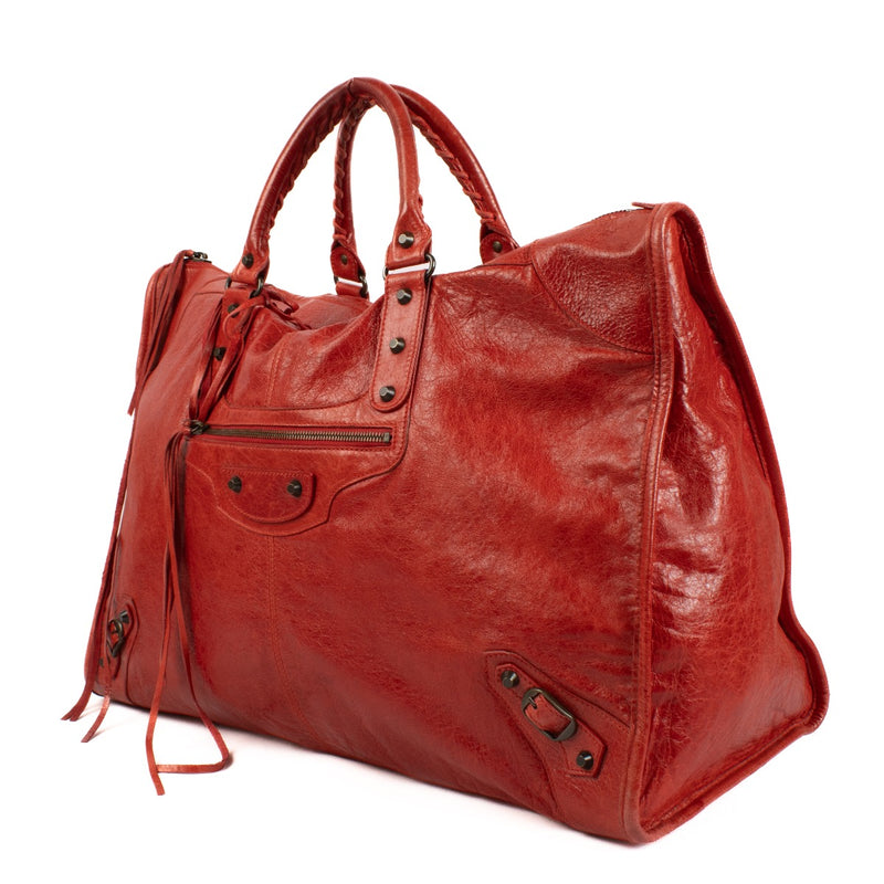 Balenciaga Red Arena Leather Classic Weekender Bag