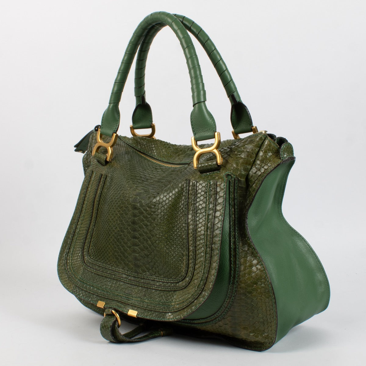 Shop safe online at Labellov in Antwerp this 100% authentic second hand Chloé Green Leather/Green Python Marcie Large Shoulder Bag