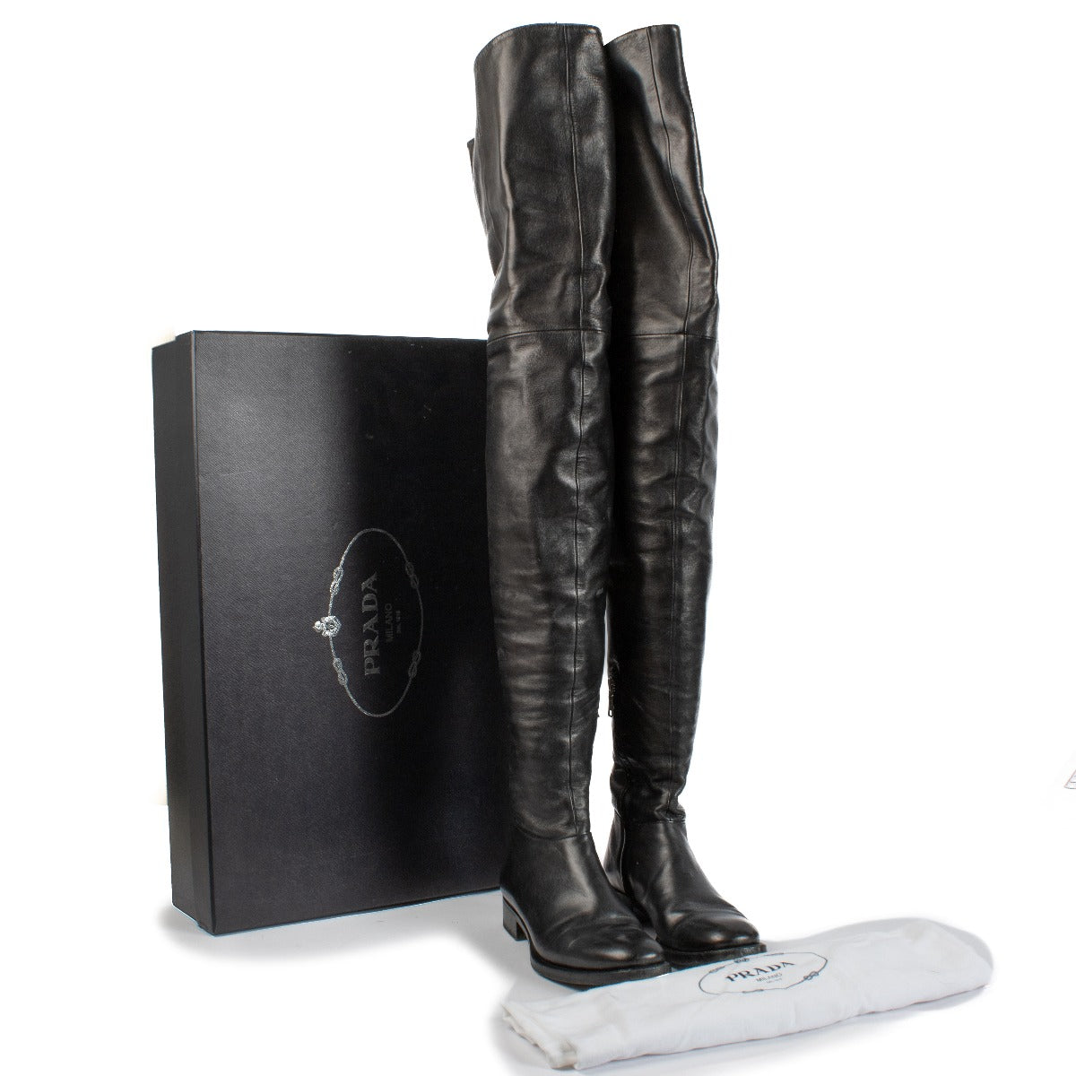 Shop safe online at Labellov in Antwerp, Brussels and Knokke this 100% authentic second hand Prada Black Leather Over-The-Knee Boots - Size 36,5