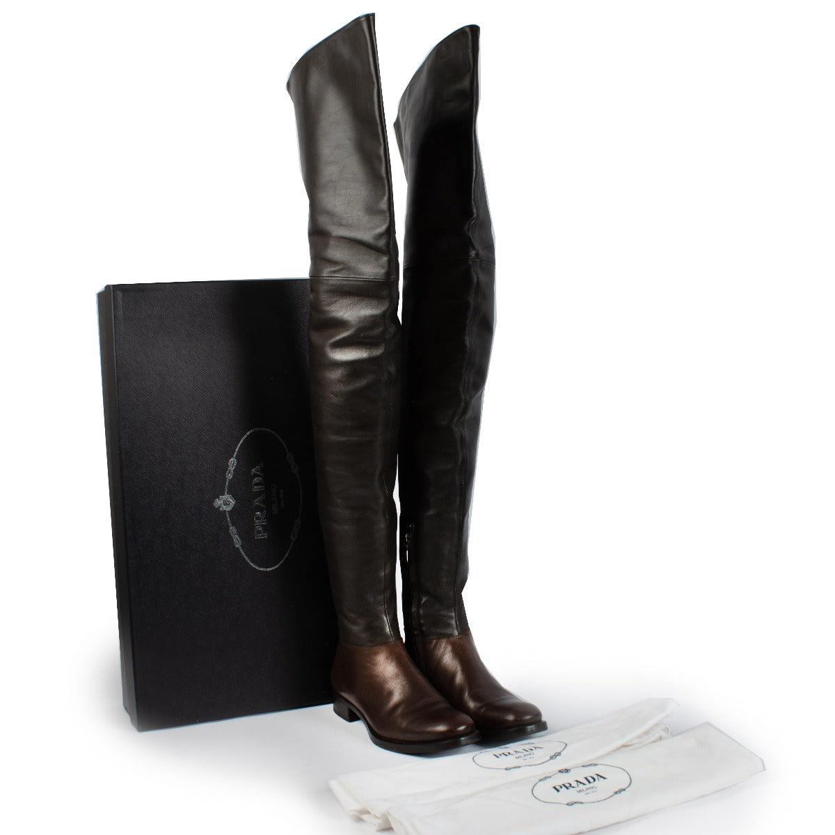 Shop safe online at Labellov in Antwerp, Brussels and Knokke this 100% authentic second hand Prada Brown Leather Over-The-Knee Boots - Size 37