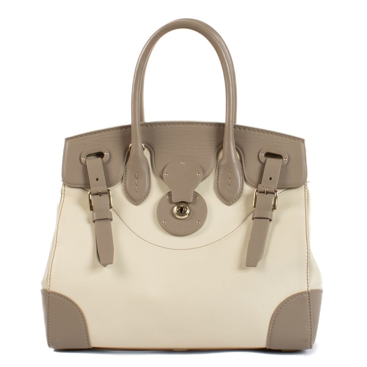 Shop safe online at Labellov in Antwerp, Brussels and Knokke this 100% authentic second hand Ralph Lauren Bicolor Leather Soft Ricky 33 Top Handle