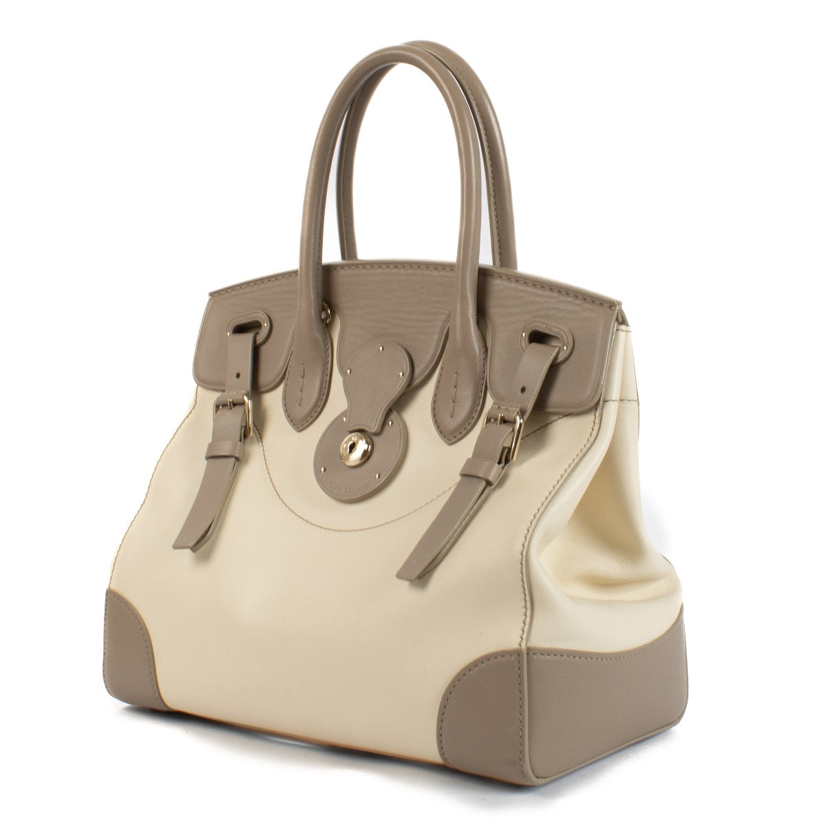 Shop safe online at Labellov in Antwerp, Brussels and Knokke this 100% authentic second hand Ralph Lauren Bicolor Leather Soft Ricky 33 Top Handle