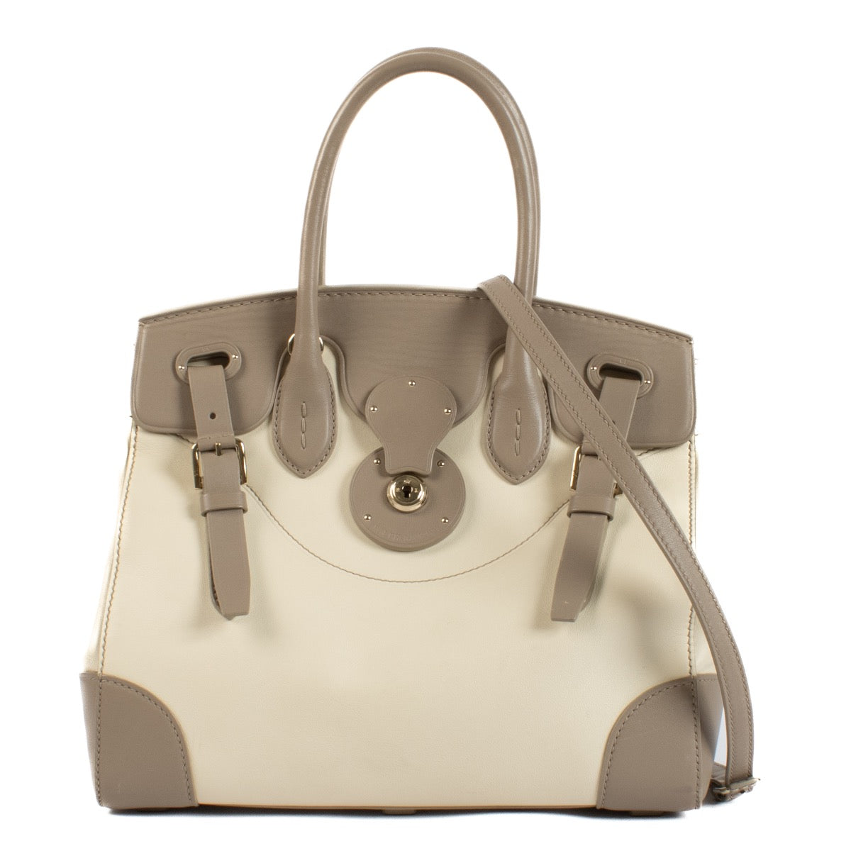Shop safe online at Labellov in Antwerp, Brussels and Knokke this 100% authentic second hand Ralph Lauren Bicolor Leather Soft Ricky 33 Top Handle