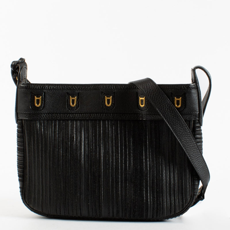 Delvaux Black Furare TDC Crossbody Bag with textured woven body, black grained leather trim, and gold-tone Delvaux hardware.