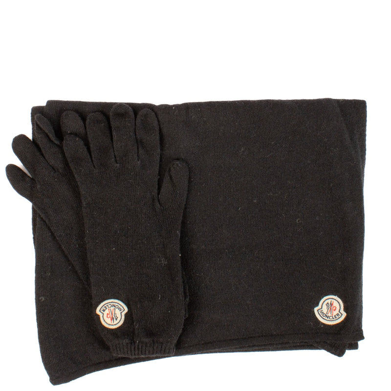 Moncler Black Wool Logo Scarf/Gloves Set