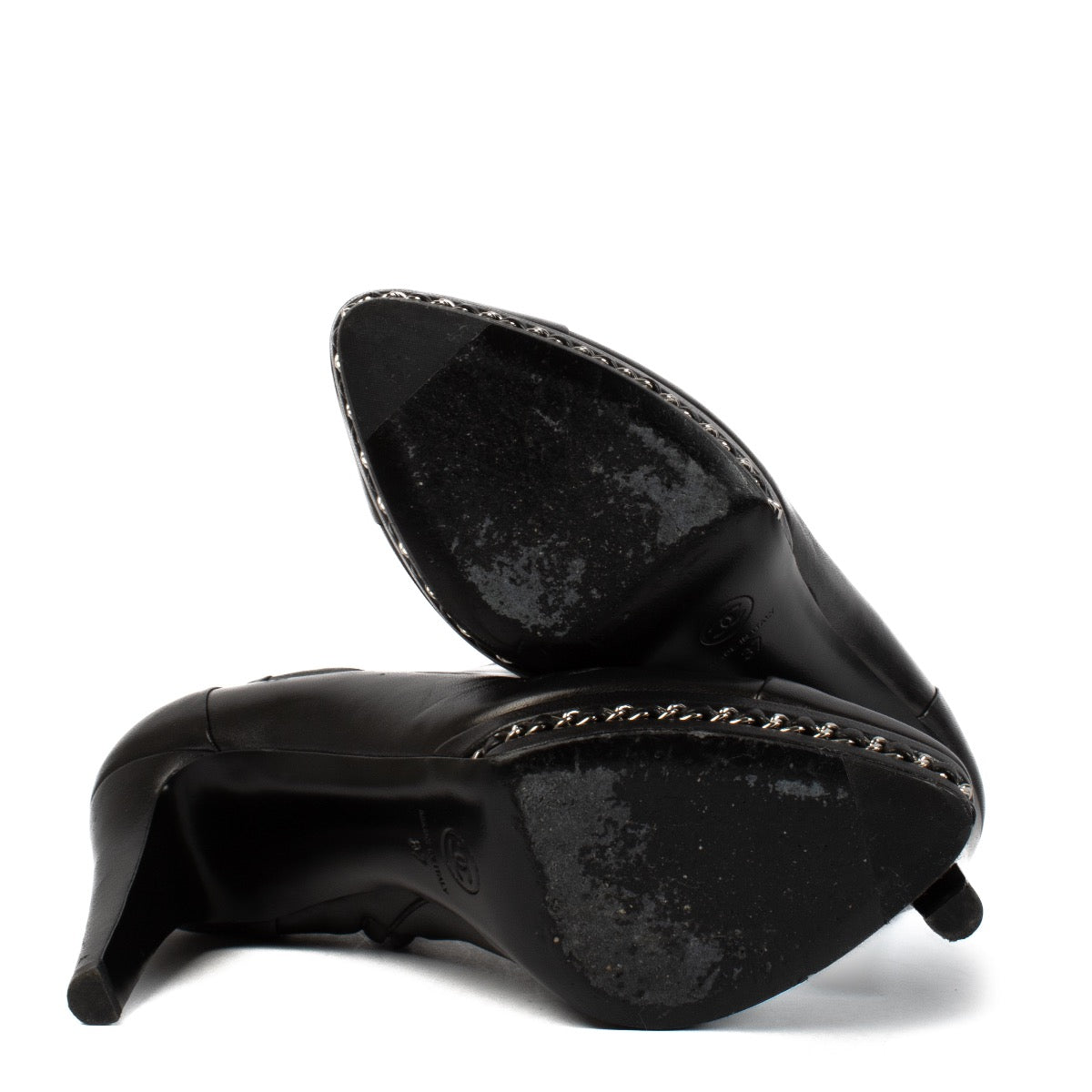 shop 100% authentic second hand Chanel Black Leather Chain Boots - Size 37 on Labellov.com