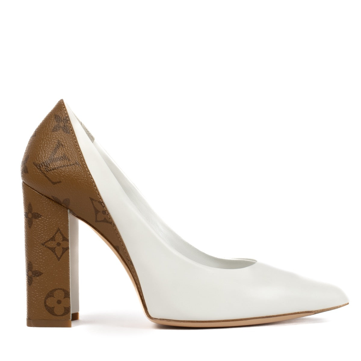 shop 100% authentic second hand Louis Vuitton White/Brown Leather and Reverse Monogram Heels - Size 37 1/2 on Labellov.com