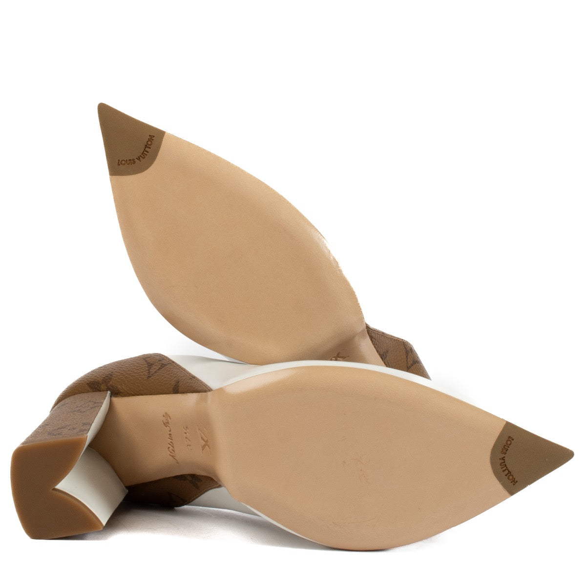 shop 100% authentic second hand Louis Vuitton White/Brown Leather and Reverse Monogram Heels - Size 37 1/2 on Labellov.com