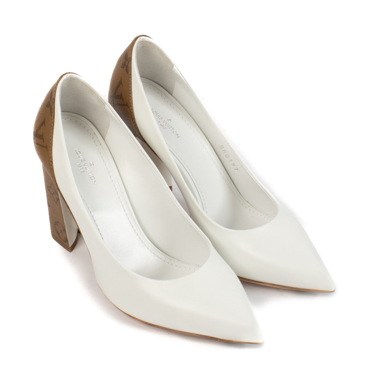 shop 100% authentic second hand Louis Vuitton White/Brown Leather and Reverse Monogram Heels - Size 37 1/2 on Labellov.com
