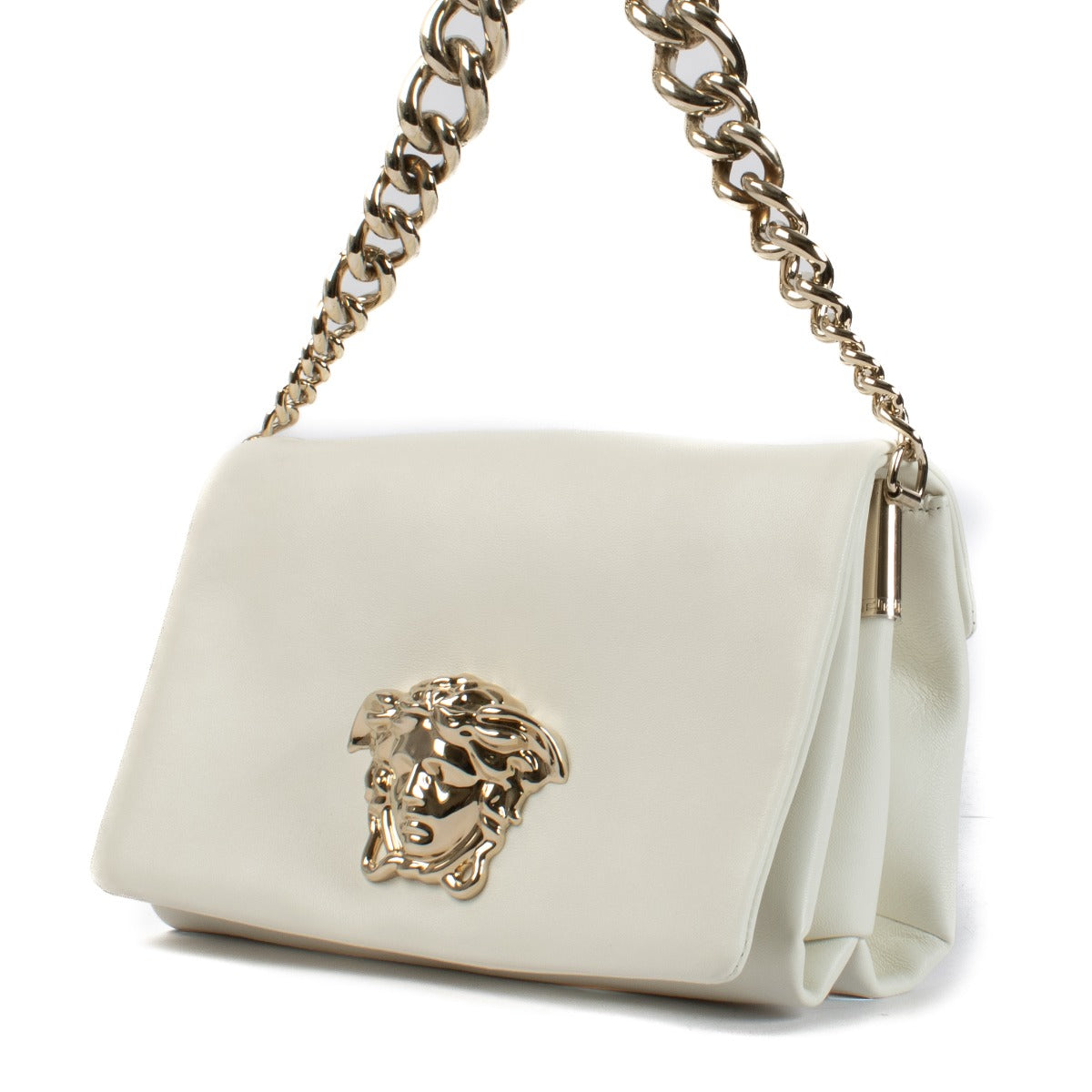 Shop safe online at Labellov in Antwerp, Brussels and Knokke this 100% authentic second hand Versace White Leather Palazzo Medusa Shoulder Bag