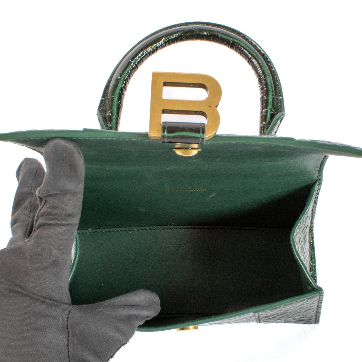 Balenciaga Forest Green Krokodillenreliëf Hourglass XS Tas