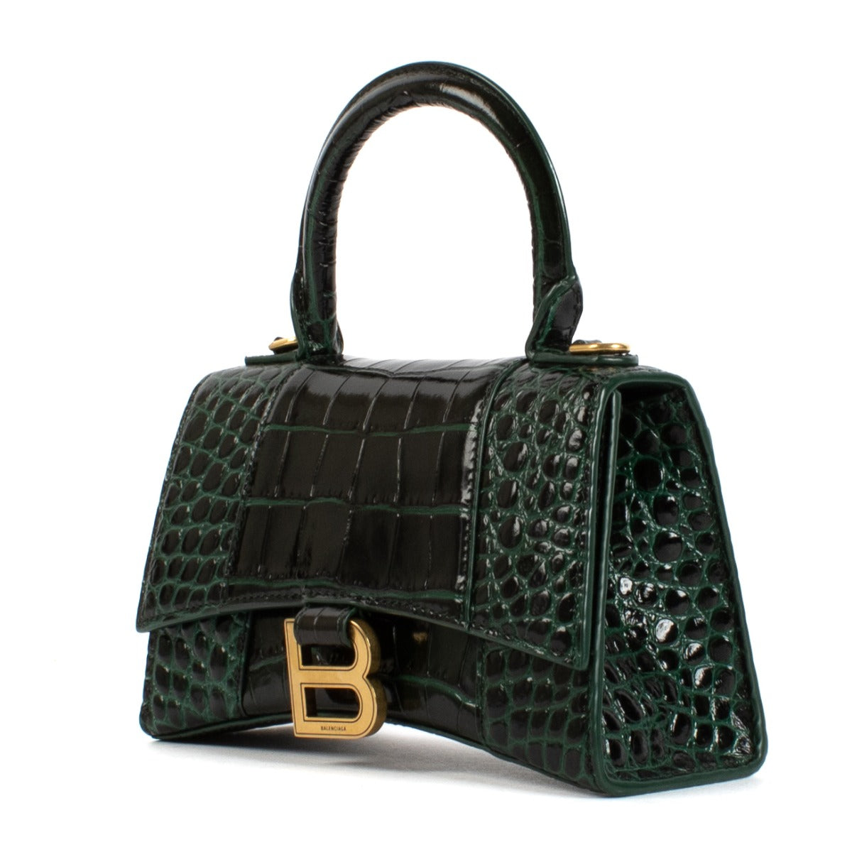 Balenciaga Forest Green Krokodillenreliëf Hourglass XS Tas