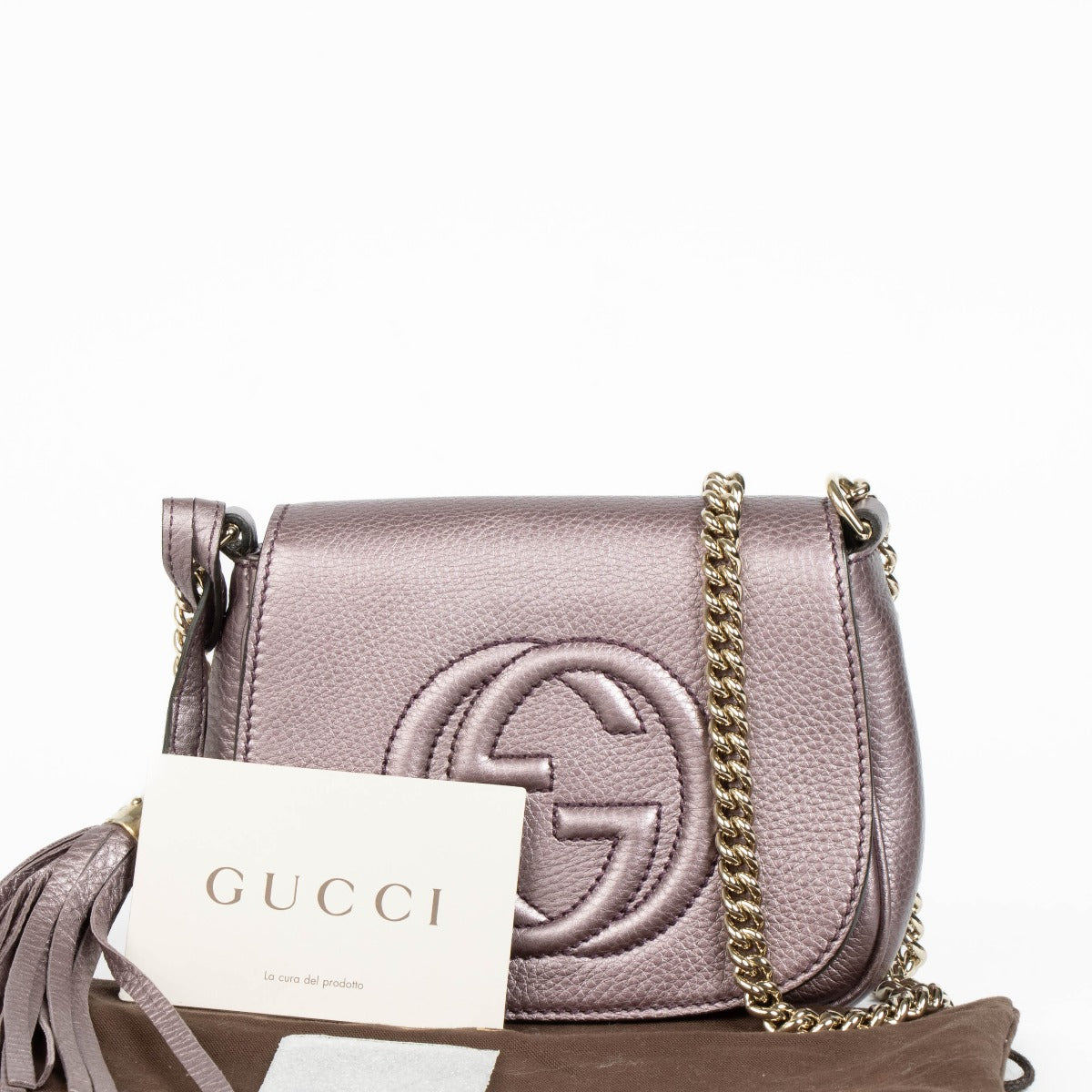Shop this authentic Gucci Metallic Purple Soho Crossbody Bag pre-loved on Labellov.com
