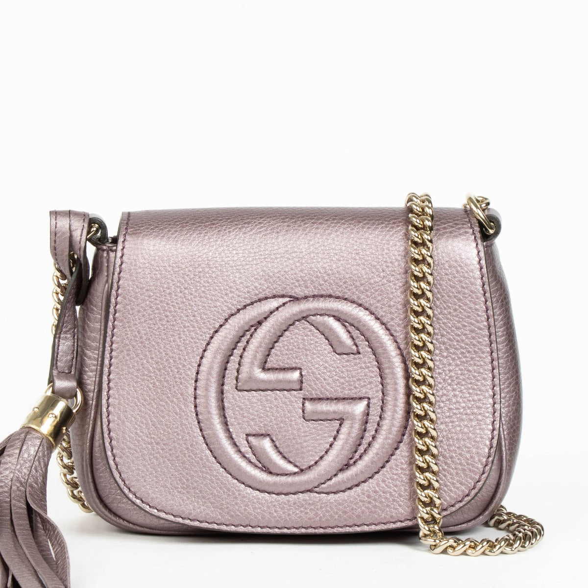 Shop this authentic Gucci Metallic Purple Soho Crossbody Bag pre-loved on Labellov.com