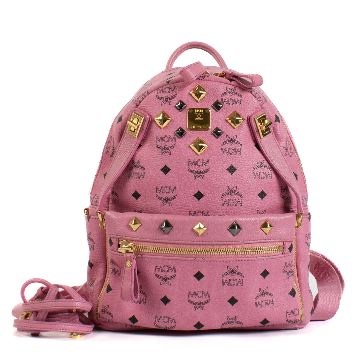 MCM Pink Visetos Studded Small Dual Stark Backpack