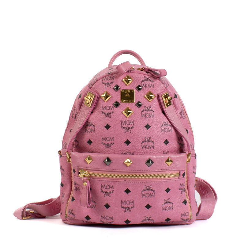 MCM Pink Visetos Studded Small Dual Stark Backpack