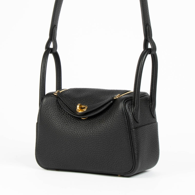 Sac Hermès Lindy Mini I en Clémence Noir et accastillage doré