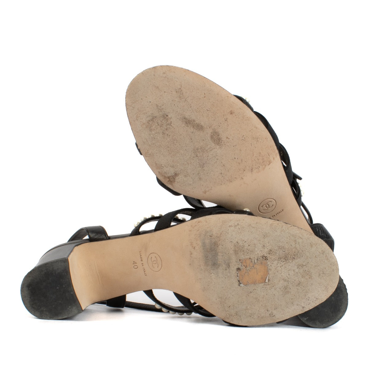 Chanel Black Lambskin Faux Pearl Sandals - Size 40