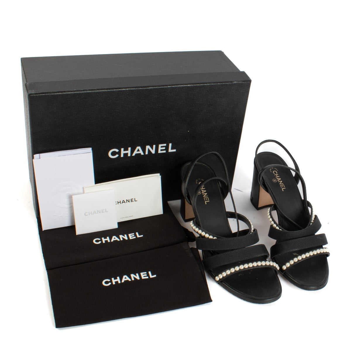 Chanel Black Lambskin Faux Pearl Sandals