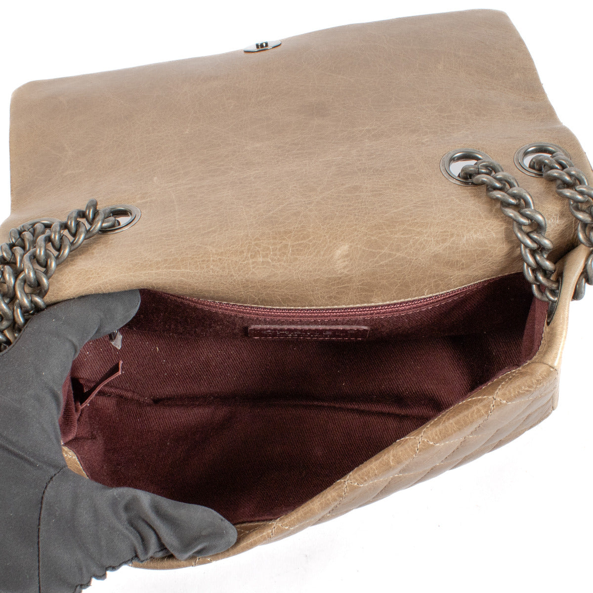 Chanel Taupe Quilted Leather Logo Plaque Flap Chain Bag