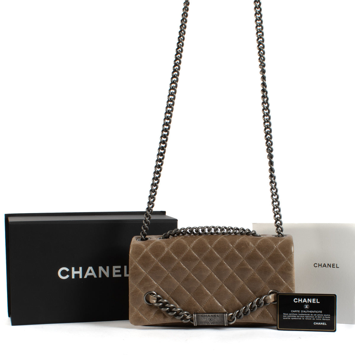 Chanel Taupe Quilted Leather Logo Plaque Flap Chain Bag for the best price shop chanel designer bags