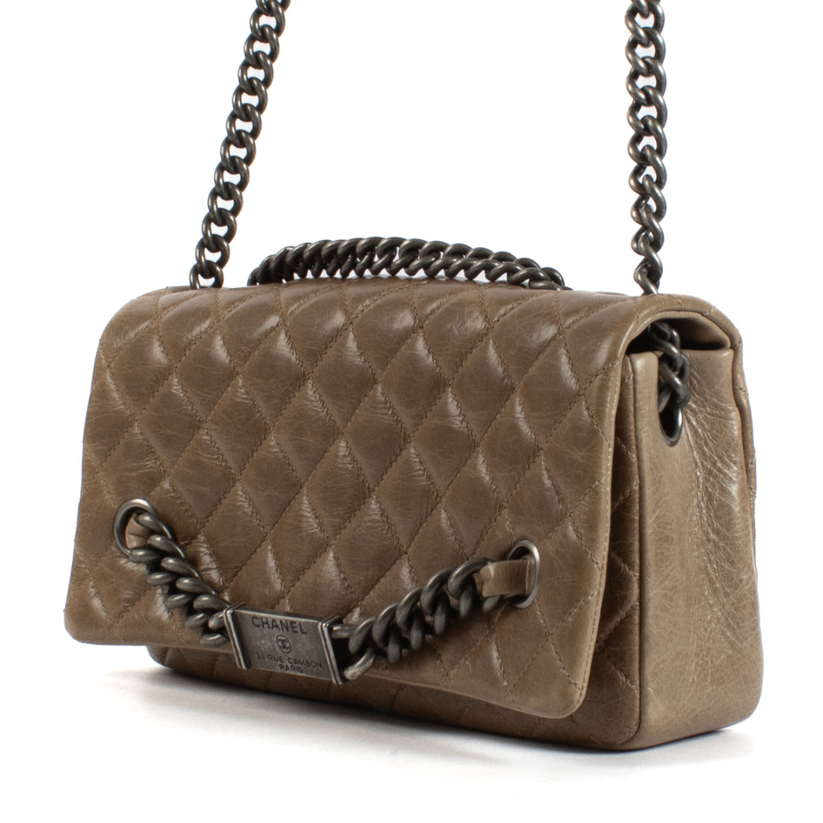 Chanel Taupe Quilted Leather Logo Plaque Flap Chain Bag