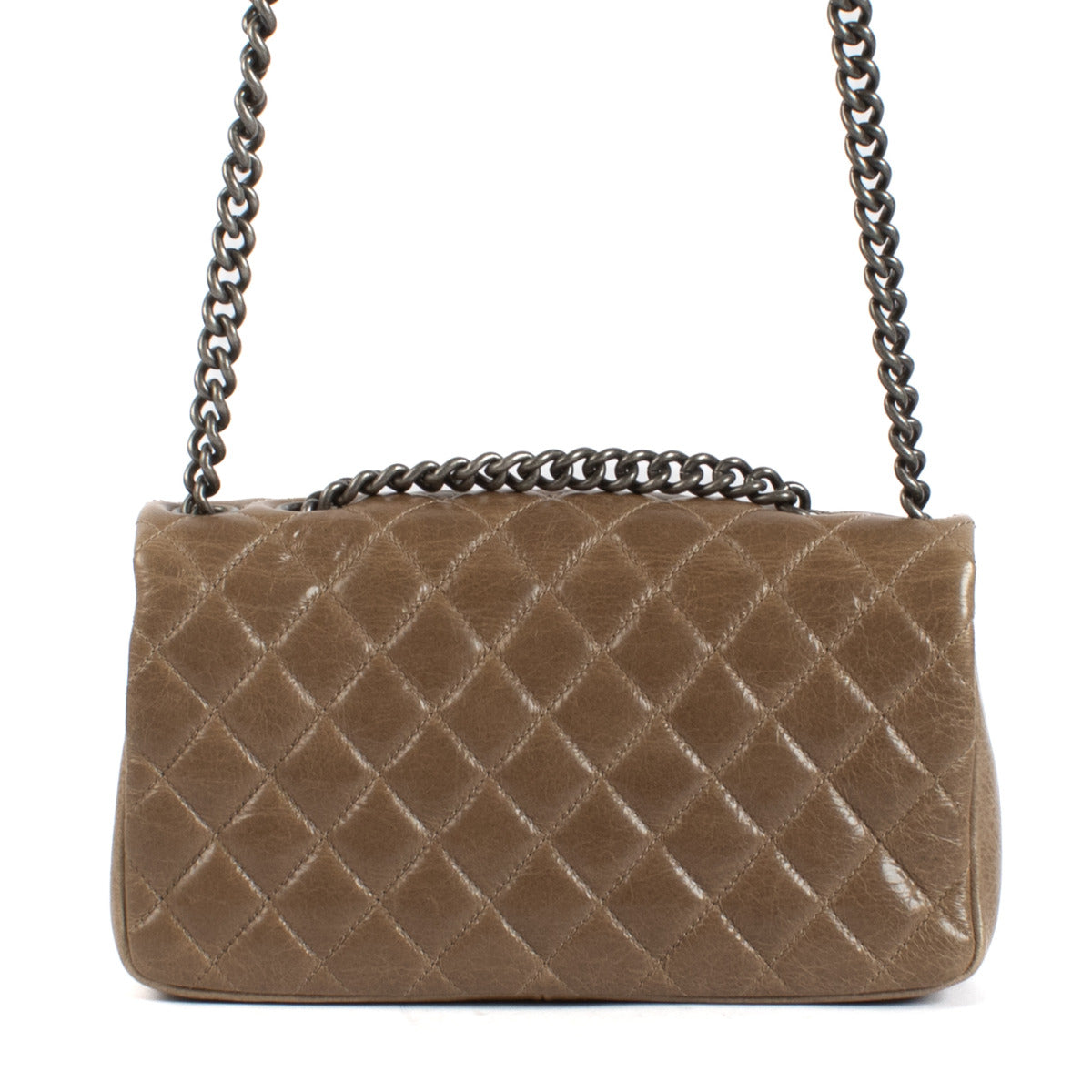 Chanel Taupe Quilted Leather Logo Plaque Flap Chain Bag