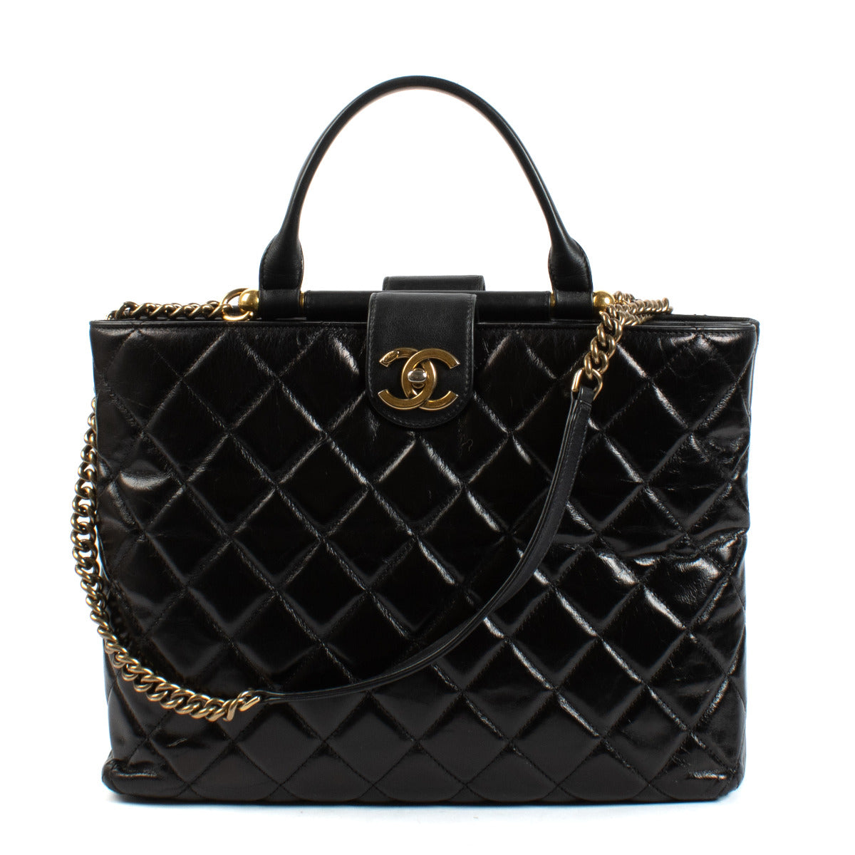 Chanel Gold Bar Quilted Shopping Tote Bag