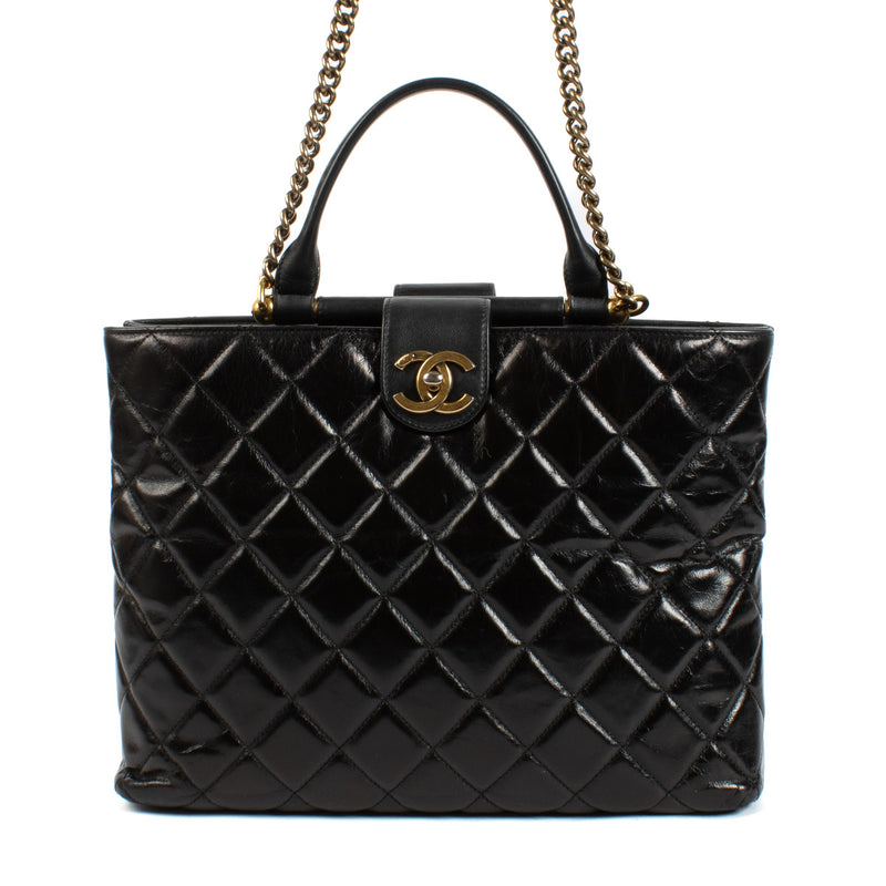 Chanel Quilted Glazed Calfskin Gold Bar Shopping Tote Bag