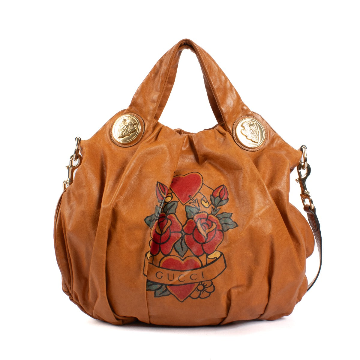 shop 100% authentic second hand Gucci Camel Tattoo Hearts Hobo Bag on Labellov.com