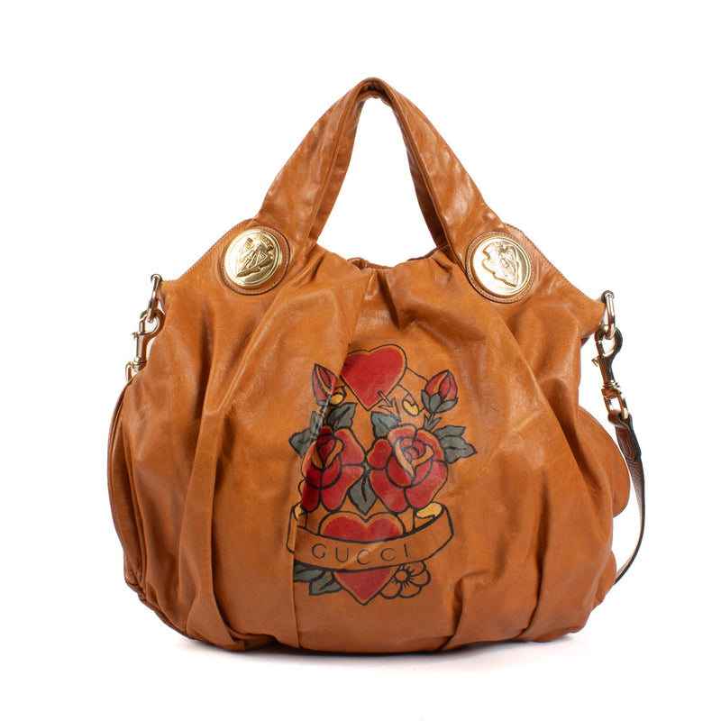 shop 100% authentic second hand Gucci Camel Tattoo Hearts Hobo Bag on Labellov.com