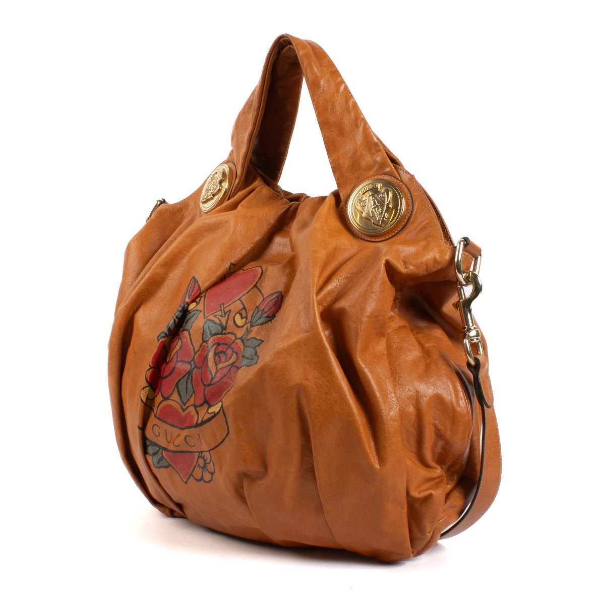 shop 100% authentic second hand Gucci Camel Tattoo Hearts Hobo Bag on Labellov.com