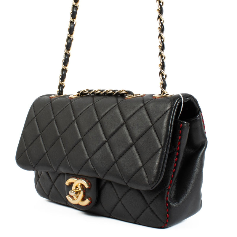 Chanel Black CC Quilted Lambskin Stitched Single Flap Bag