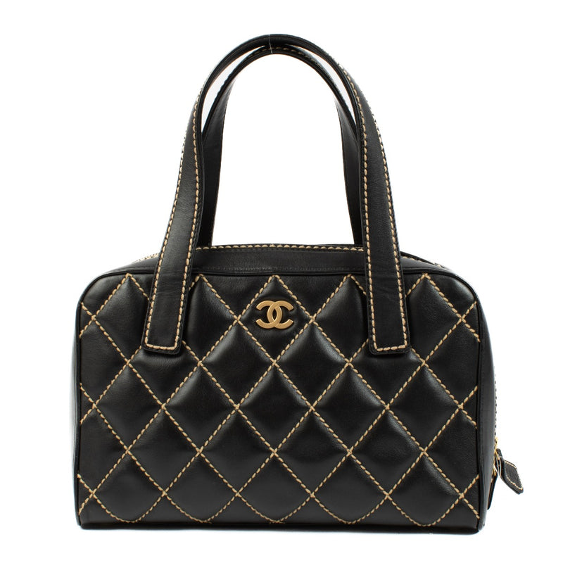 Chanel Black Calfskin Wild Stitch Small Tote Bag, a luxurious and stylish piece with unique wild stitching and gold-tone hardware. In excellent condition, available now at Labellov.