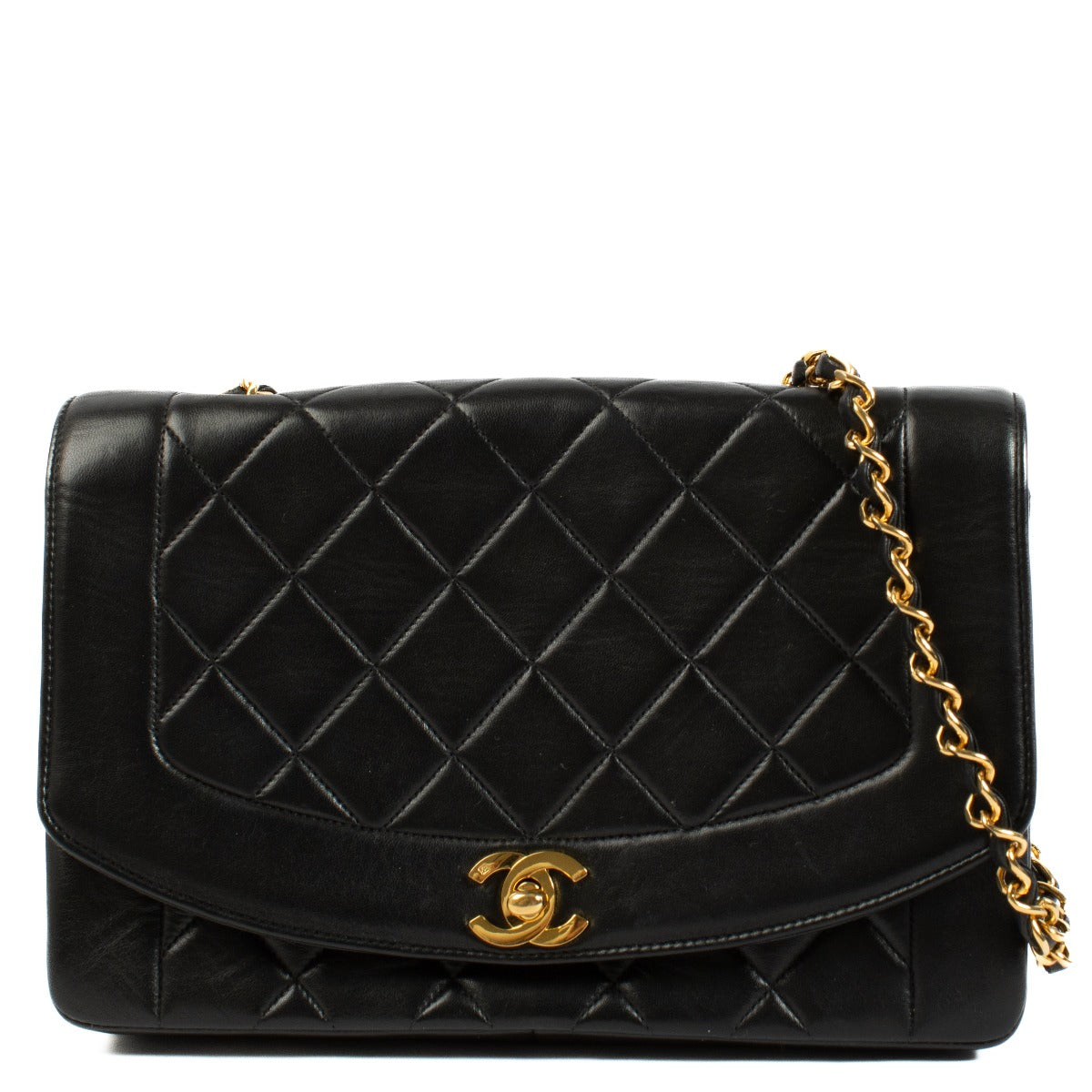 Shop the Chanel Black Lambskin Medium Diana Flap Crossbody with gold hardware at Labellov, a luxurious and timeless piece for any occasion.