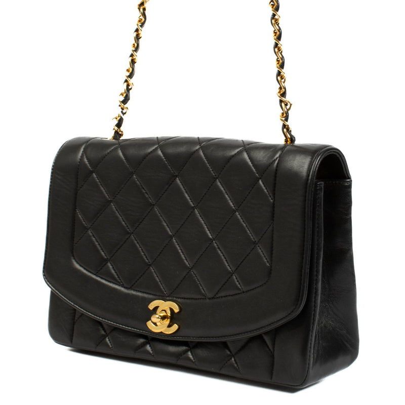 Shop the Chanel Black Lambskin Medium Diana Flap Crossbody with gold hardware at Labellov, a luxurious and timeless piece for any occasion.