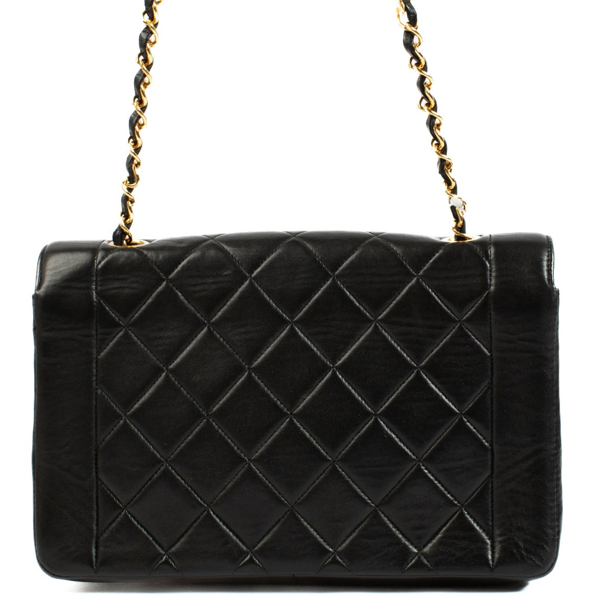 Shop the Chanel Black Lambskin Medium Diana Flap Crossbody with gold hardware at Labellov, a luxurious and timeless piece for any occasion.