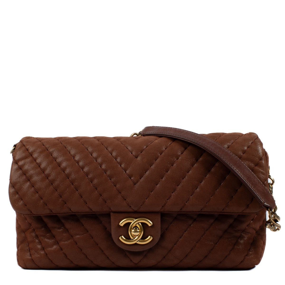 shop 100% authentic second hand Chanel Brown Shimmer Chevron Classic Flap Bag on Labellov.com