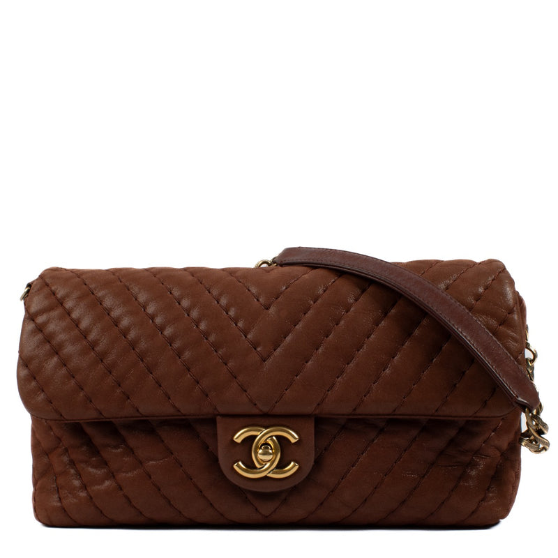 shop 100% authentic second hand Chanel Brown Shimmer Chevron Classic Flap Bag on Labellov.com