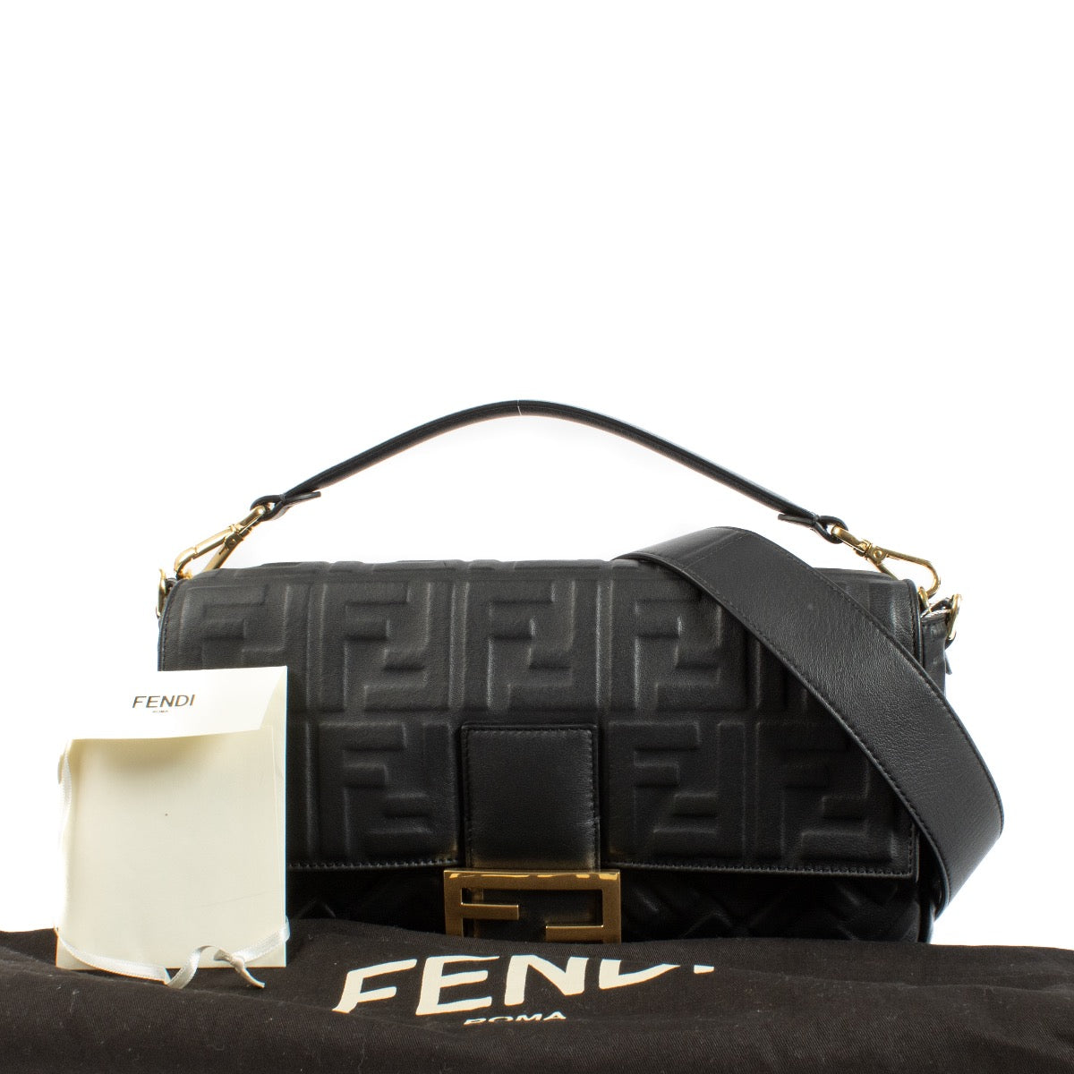 Fendi Black Zucca Embossed Large Baguette Bag