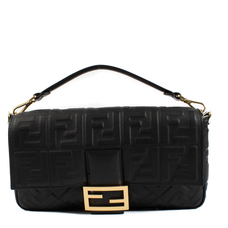 Fendi Black Zucca Embossed Large Baguette Bag