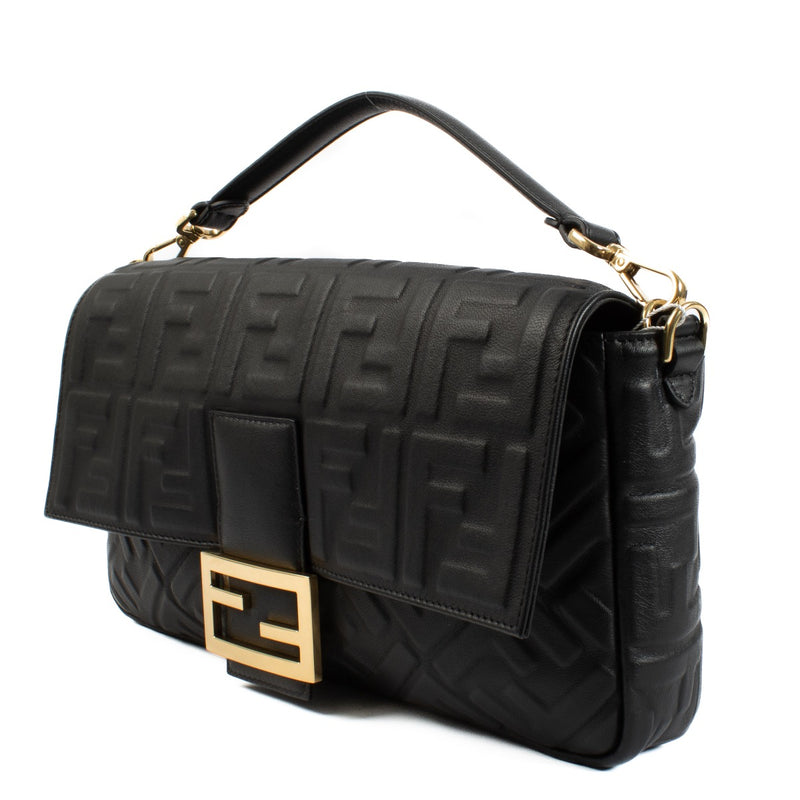 Fendi Black Zucca Embossed Large Baguette Bag