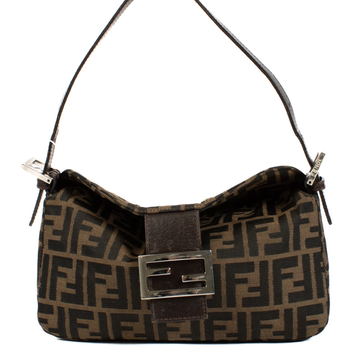 Fendi Zucca Canvas Flap Shoulder Bag, featuring the iconic Zucca monogram print, gold-tone clasp, and adjustable shoulder strap. Shop now on Labellov.com.